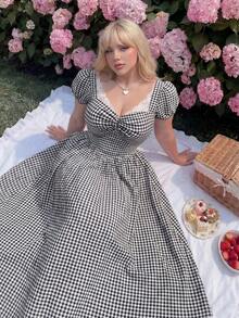 Lyrianda Black Square Neck Lace Plaid Fairy Cute Minimalist Waist-Cinched Dress - Black - View 2