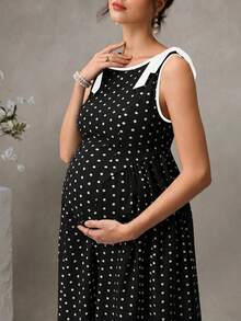 SHEIN Maternity Polka Dot Print Dress With Bow - Black - View 5