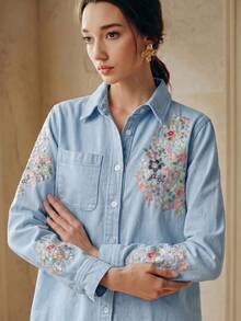 Camisa de manga larga azul con bordado floral grande elegante y romántica para mujer, moda primavera/verano, para fiesta de San Valentín y vacaciones, con jeans - Beis - Ver 6
