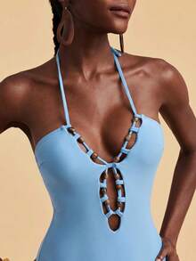 Travachic Women's Halter Neck Backless Casual Vacation One-Piece Swimsuit - Baby Blue - View 6