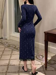 DAZY Bow Knot Pattern All-Over Print Contrast Color Lace Patchwork Waist-Cinching Long Dress Summer Spring Outfit Women's Nightgown - Navy Blue - View 2