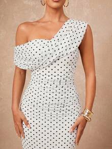 Lumalex 女款優雅圓點印花不對稱肩褶皺蕾絲拼接洋裝 - 彩色 - 查看 6