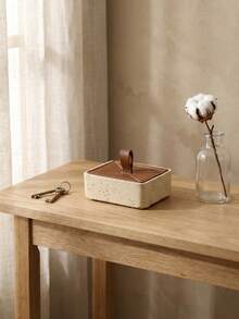 Haus Hana 1Pc Travertine Style Cotton Swab Holder, With Faux Stone Base And Leather Lid, Compact Design For Organizing Cotton Swabs, Toothpicks And Small Items, Ideal For Bathroom, Hotel And Home Decor. - multicolor - View 4