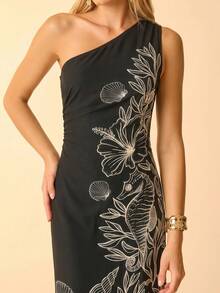 CAJUNI Women's Boho Tropical Blue Ocean Shell Seahorse Coral Print, Asymmetric Shoulder Waist Gathered Midi Vacation Casual Dress - Black - View 5