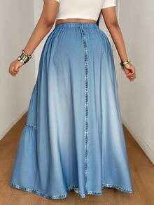 Maweii Rok Panjang Kasual Efek Denim Kancing Depan untuk Wanita Ukuran Plus (Musim Gugur) - Biru - View 2