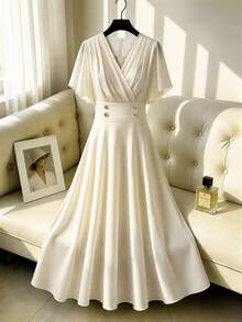 Elenzga Vestido fluido con escote en V cruzado, mangas con volantes de gasa, botones metálicos doble botonadura, cintura francesa elegante con corte evasé, color champán y melocotón claro, adecuado para el trabajo y las vacaciones - Albaricoque - Ver 3