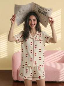 Zazumi Women's Heart Print Pajama Set - Cream Short Sleeve Button Down Nightwear Cute Summer Pj Set With Shorts - Red - View 2
