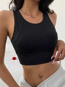 DAZY Solid Color Seamless Wide Strap Padded Slight Push-Up Bra Women's Sports Bra - Black - View 4