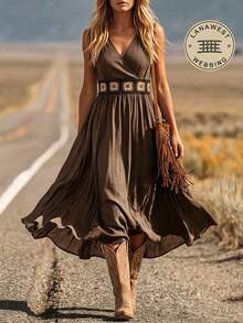 LanaWest Women's Summer Shirred Sleeveless Waist Splicing Crochet Trim Waist-Cinched Shirred A-Line Western Casual Vacation Dress - Coffee Brown - View 3