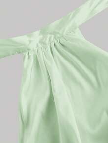 SHEIN MOD Solid Color Satin Stand Collar Lace-Up Bow Halter Neck Cropped Top - Green - View 3