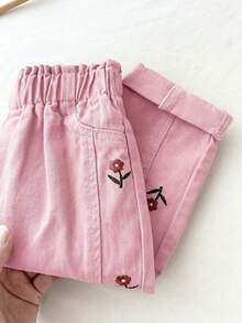 LMoss Kids Celana Panjang Longgar Model Meruncing Motif Bordir Bunga Denim Khaki untuk Bayi Perempuan - Berwarna merah muda - View 3