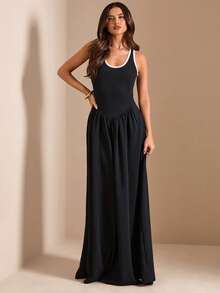 SHEIN BAE Herbst/Sommer Schwarz-Weiß kariertes Farbblock U-Ausschnitt Kontrast Saum ärmellos geraffte Taille A-Linie Maxikleid für Frauen Lässig Schlankmachend Urlaub - Schwarz - Übersicht 6