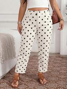 EMERY ROSE Women's Plus Size Polka Dot Long Pants - Black and White - View 3