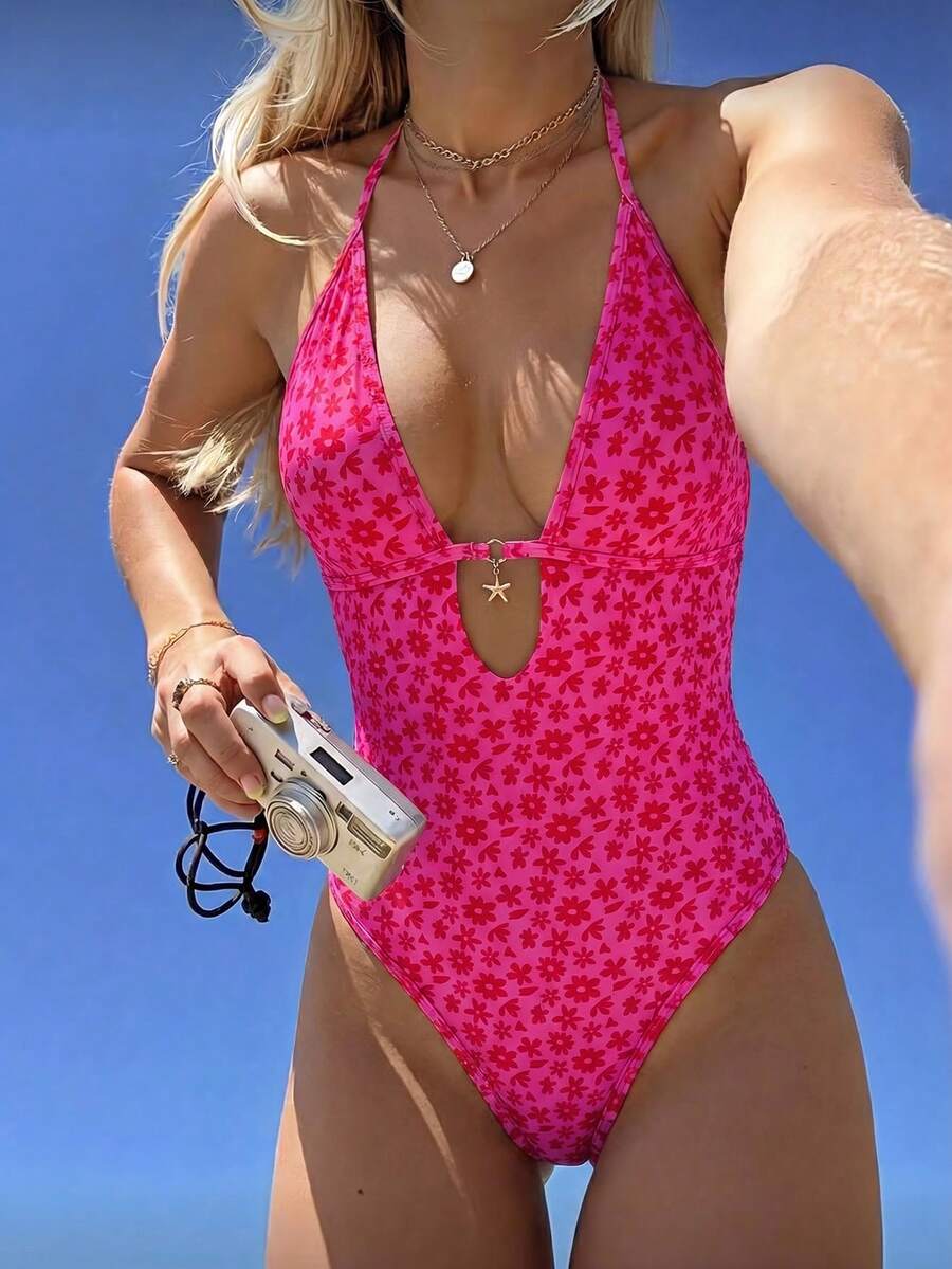 Swim Mod Baju Renang Wanita Musim Panas untuk Liburan Pantai, Motif Bunga Merah Muda, Tali Bahu Tipis, Potongan Segitiga, Tanpa Punggung, Seksi, Potongan Tinggi, Terusan, Tanpa Lengan, - Berwarna merah muda - View 1