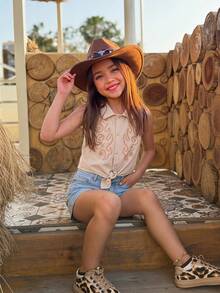 Emery Rose Kids Emery Rose Kids 女童無袖鈕扣短版上衣 西部刺繡前綁帶式夏季上衣 柔軟背心衫 童裝 - 卡其色 - 查看 3