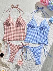 Swim Mod 女款背心 & 比基尼多件套裝，2色組合包，粉色 & 藍色格紋 - 彩色 - 查看 1