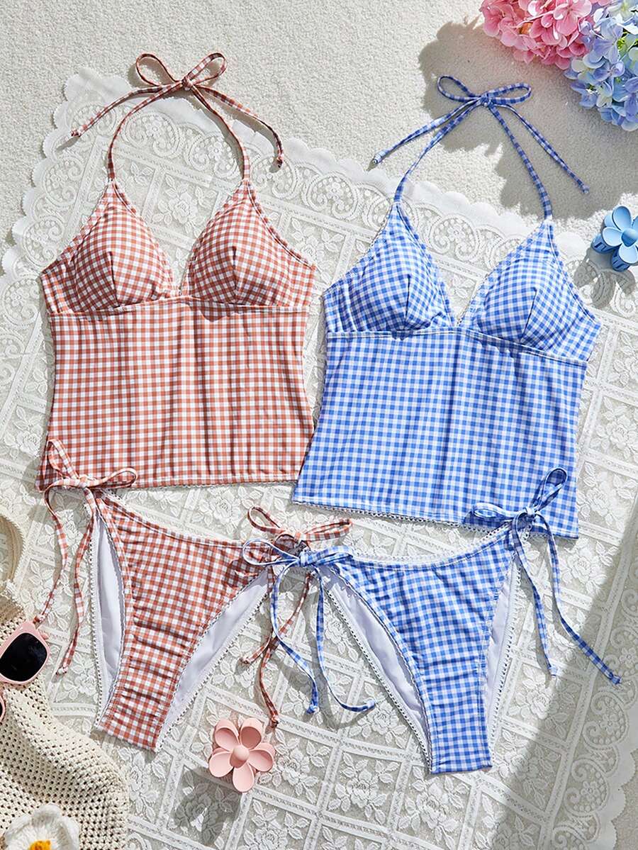 Swim Mod 女款背心 & 比基尼多件套裝,2色組合包,粉色 & 藍色格紋 - 彩色 - 查看 1
