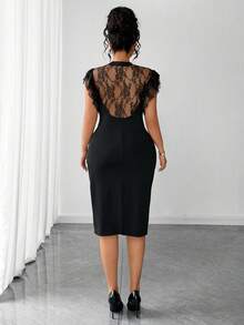 Elenzga 大尺碼女款優雅派對聚會鏤空蕾絲蝴蝶結性感貼身中長黑色洋裝 - 黑色 - 查看 3