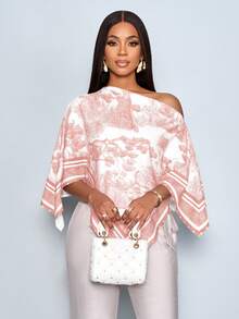 SOLERSUN Áo blouse nữ thu đông phong cách casual thanh lịch, họa tiết màu mơ, cổ bất đối xứng, tay dài, vạt bất đối xứng, vai chéo, tay xẻ, dáng rộng thời trang, họa tiết hoàng hôn vintage, tay cánh dơi, hàng mới về, dễ phối đồ, trang phục thu đông, đi làm hằng ngày, đi chơi - Màu Hồng  San hô - Xem 6
