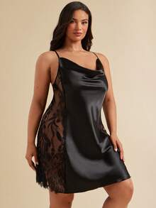 SHEIN BAE CURVE 1pc Women Plus Size Sexy Lace Camisole Nightgown, Elegant Satin Mini Skirt, Suitable For All Seasons Black Night Gown Satin Night Gown Lace Night Gown Plus Size Night Gown Plus Size Nightgown, Feel Beautiful - Black - View 5