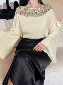 DAZY Autumn White Sequin Blouse Women Niche Design High-End Elegant Modest Beaded Mesh Patchwork Cape Top Birthday Mother Of The Bride Wedding - Apricot - View 6
