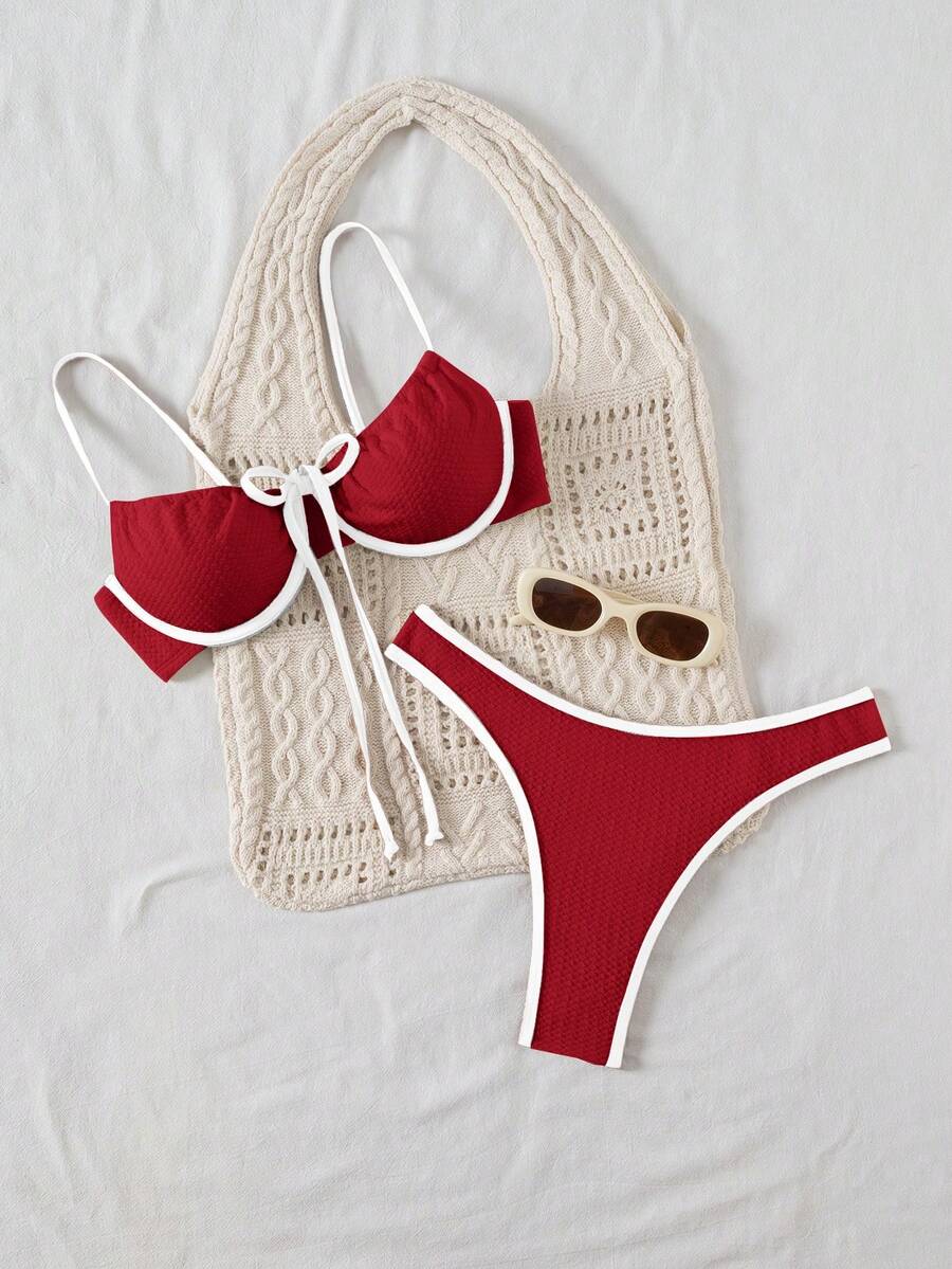 Swim Basics 女士撞色装饰细肩带比基尼套装 - 紅白色 - 查看 1
