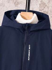SHEIN 兒童青少年男孩休閒日常百搭舒適字母印花連帽寬鬆長袖輕便梭織秋冬夾克 - 藏蓝色 - 查看 5
