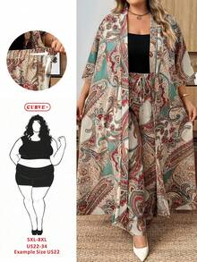 SHEIN CURVE+ Curve 尺码 US22 音乐节、海滨度假、波西米亚风印花两件套外套和裤子，度假沙滩装 - 彩色 - 查看 1