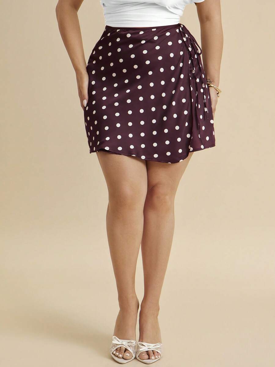 SHEIN BAE CURVE 大码女式波点酒红色系带短裙 - 彩色 - 查看 1