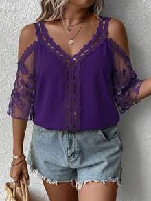 Reflora Plus Size Women's Lace Floral Embroidered Pattern Casual Versatile Daily Outing Shirt - Purple - View 4