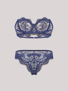 Hourtrue 2 piezas Conjunto de lencería elegante y sexy de encaje para mujer para el verano - azul real - Ver 2