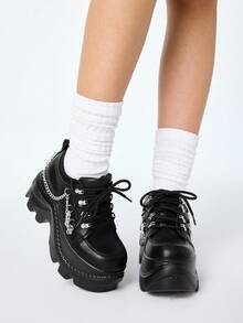 ROMWE Grunge Punk Giày Gothic buộc dây kiểu Punk Rock Y2K màu tối dành cho nữ, Giày lười màu đen, Giày da Mary Jane nhỏ buộc dây, Giày công sở trang trọng, Giày cao gót đế xuồng & đế xuồng, Giày Halloween - màu đen - Xem 2