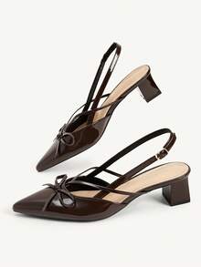 CUCCOO CHICEST Dark Brown Pointed Bow Slingback Thick Heel Sandals, Workplace Commuting Temperament Shoes - Three knives dark brown - View 9