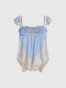 Sweetness Áo croptop phối ren và voan chiffon phong cách lãng mạn cho kỳ nghỉ, phối màu boho - Màu xanh nhạt - Xem 13