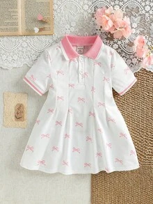 SHEIN 女嬰蝴蝶結印花百褶休閒日常度假旅行洋裝 - 彩色 - 查看 8