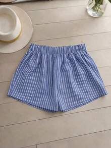GlowEve CURVE French-Style Striped Women's Vacation Outfit, Summer Plus Size T-Shirt And Short Pants Two Pieces Set For Dressing Up - Blue - View 4