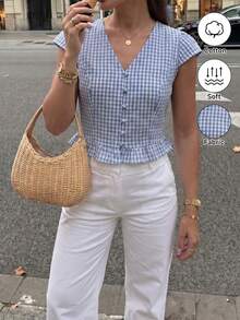 Pariaura French Style Blue V-Neck Button Ruffle Hem Women Blouse - Blue - View 1