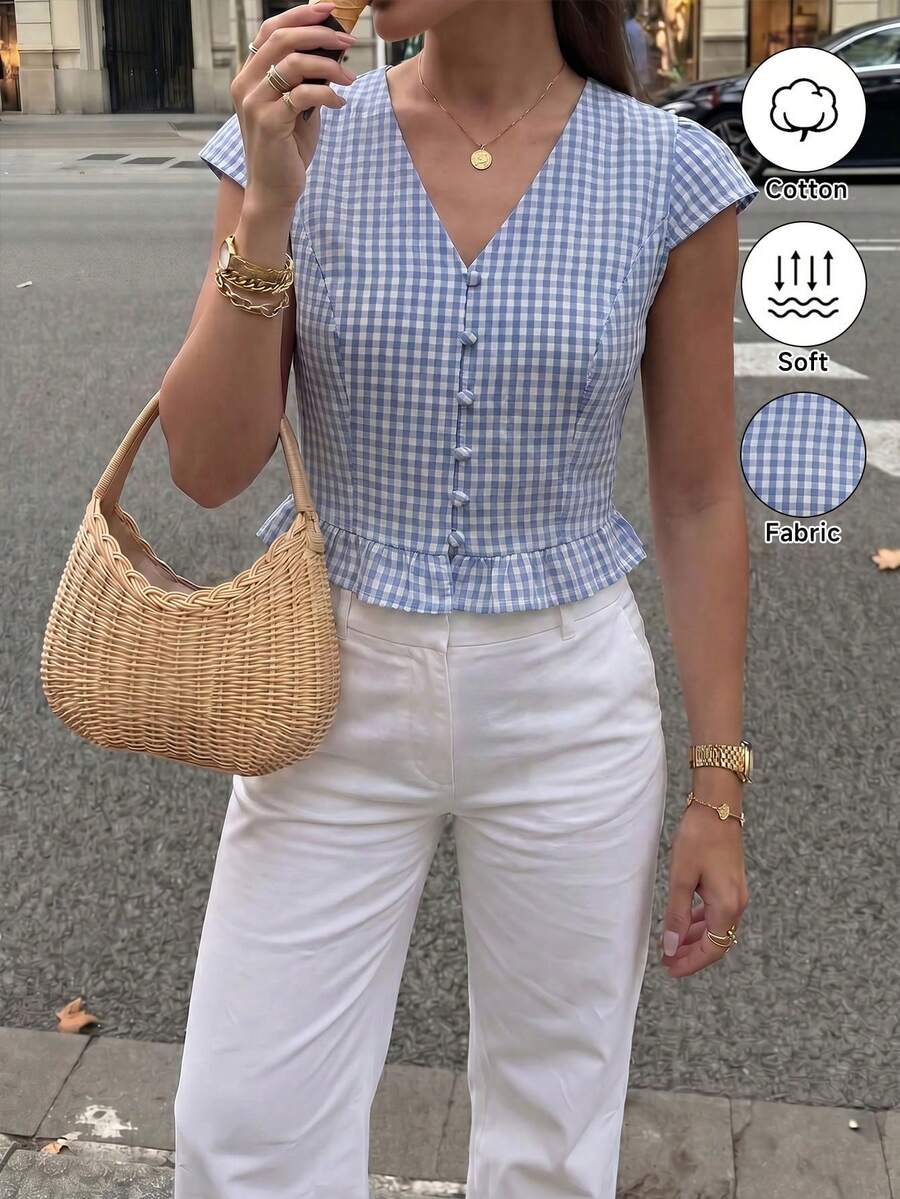 Pariaura French Style Blue V-Neck Button Ruffle Hem Women Blouse - Blue - View 1