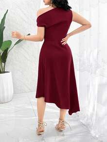 Feyla Women's Asymmetric Neck Solid Color Elegant Asymmetrical Hem Party Dress - Burgundy - View 7