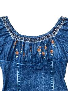 INAWLY Women's Fashionable Versatile Denim Effect Print Embroidered Tie-Up Blouse - Multicolor - View 3