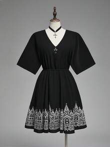 ROMWE Women's Dark Gothic V-Neck Castle Print Short Dress - Black - View 1