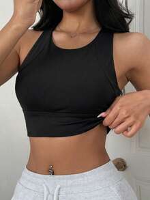 DAZY Solid Color Seamless Wide Strap Padded Slight Push-Up Bra Women's Sports Bra - Black - View 5