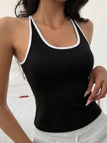 DAZY Sujetador deportivo con capa interior acolchada y recorte de contraste sin mangas para mujeres - Negro - Ver 5