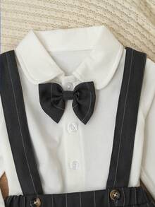 SHEIN 2pcs Baby Boy Formal Gentleman Set, Includes 1pc Bow Tie Knitted White Long Sleeve Shirt And 1pc Adjustable Suspenders Pants, Fashionable And Elegant, Suitable For Various Occasions Such As Parties, Formal Events, Weddings, Christenings, Celebrations And Birthday Parties, Suitable For 6 Months To 3 Years Old Baby Boys. Baby Boy Shirt, 1st Birthday Outfit, Photo Shoot Outfit - Black - View 4