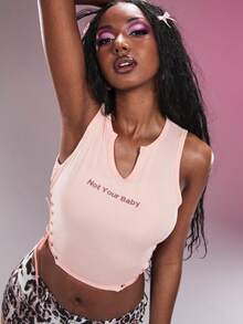 Modviera Damen Mode Rosa Besticktes Lochstickerei Schnürung Tank Top - Pink - Übersicht 3