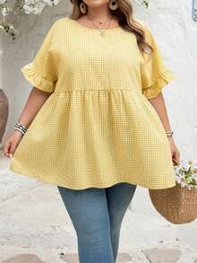 SHEIN CURVE+ Curve 加大码 US22 音乐节、海滨度假、波西米亚风 CURVE PLUS / / 女士格纹印花衬衫，适合春夏波西米亚风度假，休闲娃娃风衬衫 - 黃色 - 查看 6