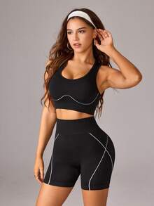Dewbera Dewbera Women's Casual Modest Athleisure Sports Tank Top High Waist Tummy Control Shorts Set Gym Black And White Summer - Black - View 4