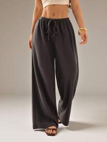 SHEIN PETITE Women's Solid Color Tie Waist Wide Leg Loose Casual Versatile Pants - Brown - View 5