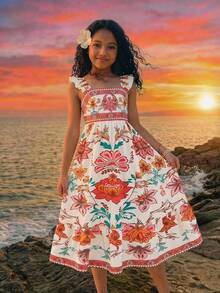 Tween Girls Woven Vacation Floral Print Square Neck Flutter Sleeve Ruffle Hem Maxi Dress, Summer Dress, Floral Dress, Cap Sleeve, Square Neck - Multicolor - View 2