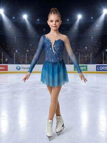 SHEIN Tween Girls Light Blue Figure Skating Dress, High Elasticity Slim Fit With Galaxy-Inspired Print, Rhinestone, Mesh Skirt, Dance Daily Training Autumn - Dark Green - View 5